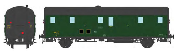 REE Modeles VB-336 - French SNCF DEV 52 Luggage Van 306 green, black roof, ancient lantern, 3 headlights, South-East SNC